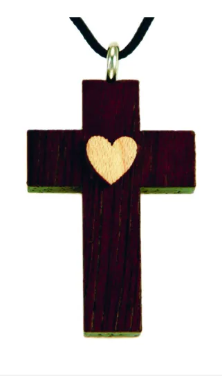 Collier en bois vernis croix coeur + cordon