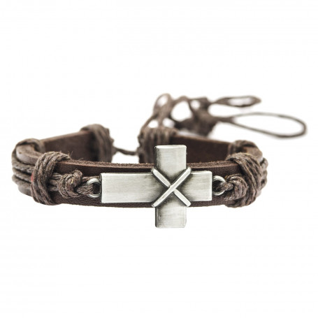 Bracelet cuir brun croix métal