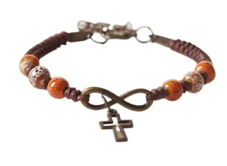 Bracelet corde marron, croix + coeur infini - perles orange
