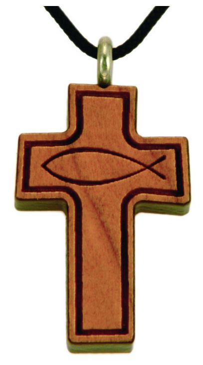 Collier croix bois érable vernis - ICHTUS