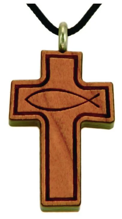Collier croix bois ichtus érable vernis 29mm