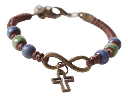 Bracelet corde marron, croix + coeur infini - perles bleues