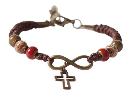 Bracelet corde marron, croix + coeur infini - perles rouges