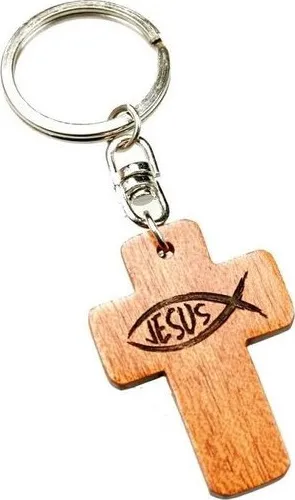 Porte-clé bois croix ICHTUS Jesus