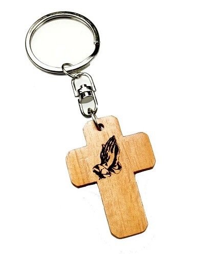 Porte-clés bois croix mains prière
