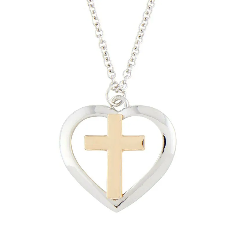 Collier coeur/croix avec chaîne 2 tons