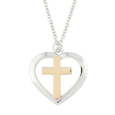Collier coeur/croix avec chaîne 2 tons