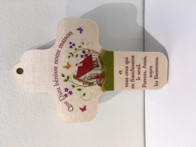 Croix en bois 13x9 cm Blanche "Que Dieu bénisse notre maison..."