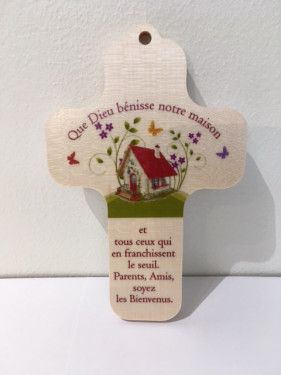 Croix en bois 13x9 cm Blanche "Que Dieu bénisse notre maison..."