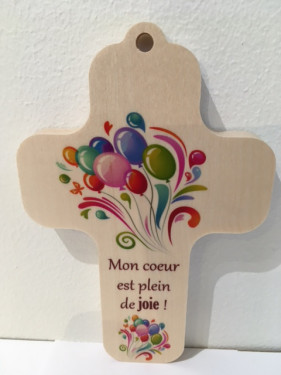 Croix en bois 13x9 cm ballons "Mon coeur est..."