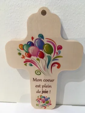 Croix en bois 13x9 cm ballons "Mon coeur est..."