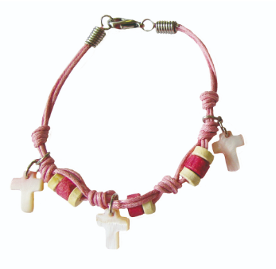 Bracelet corde, croix en nacre - rose