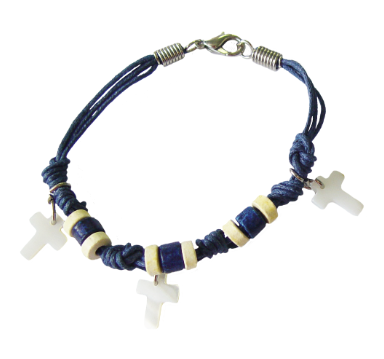 Bracelet corde, croix en nacre - bleu