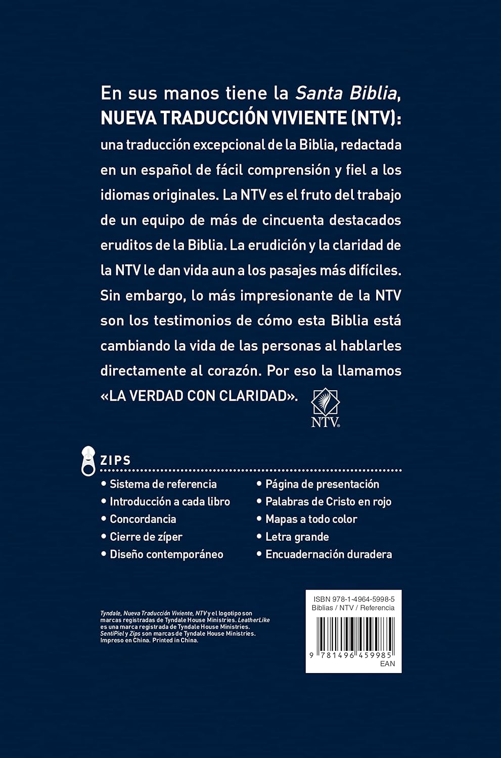 NTV letra grande Santa Biblia azul ziper