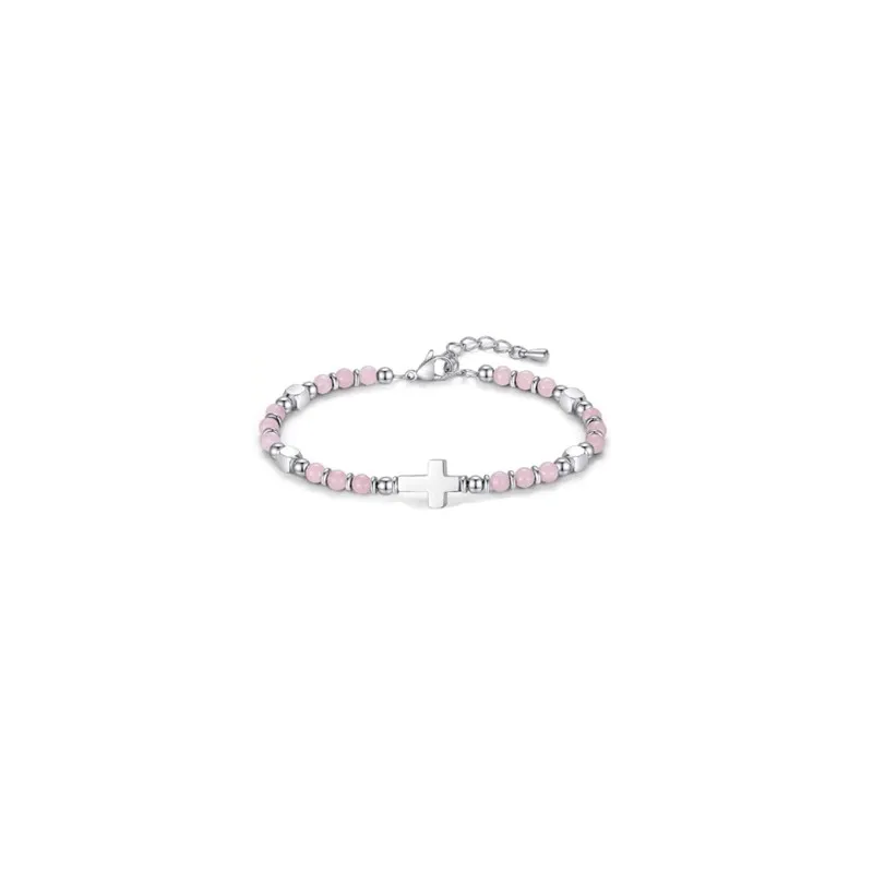 Bracelet perles + croix - rose