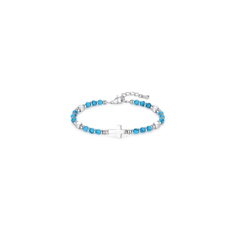 Bracelet perles + croix - turquoise