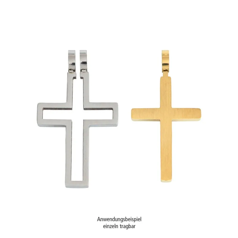 Collier croix inox en 2 parties - intérieur doré