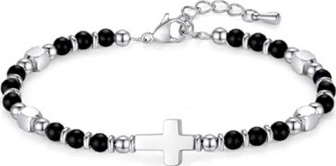 Bracelet perles + croix - noir