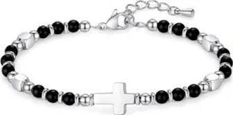 Bracelet perles + croix - noir