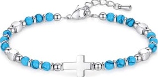 Bracelet perles + croix - turquoise