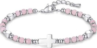 Bracelet perles + croix - rose