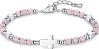Bracelet perles + croix - rose