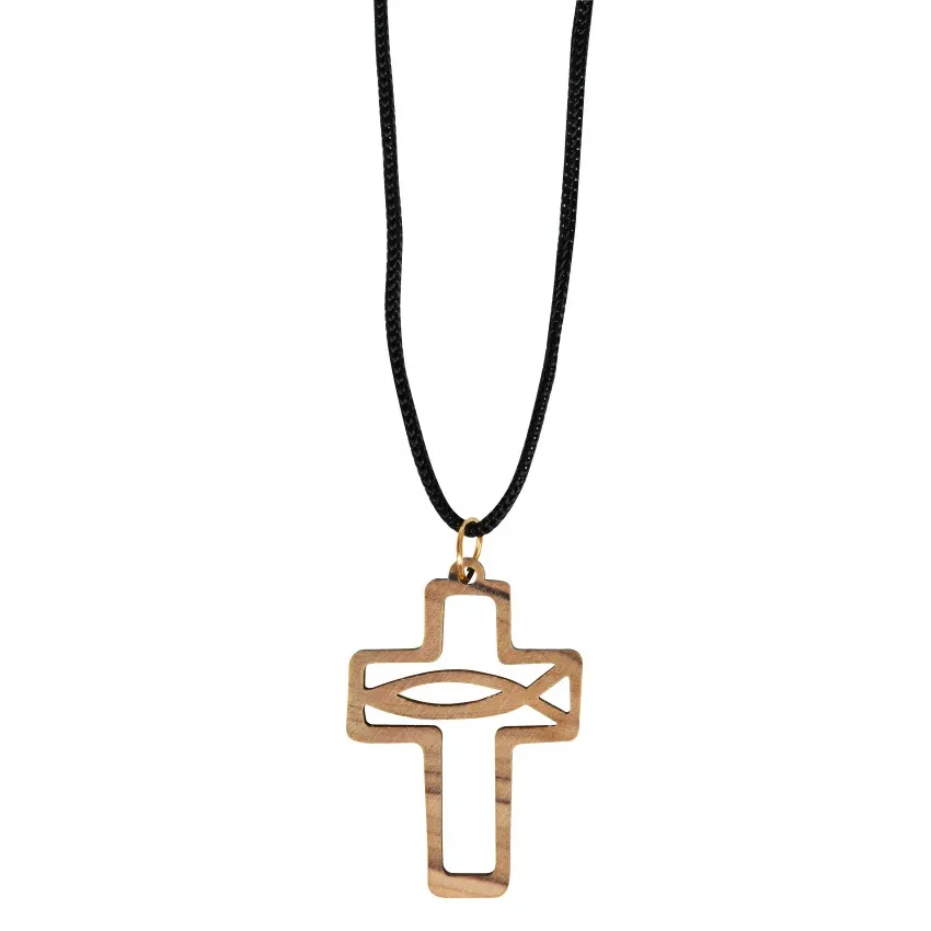 Collier croix avec ichthus en bois d'olivier