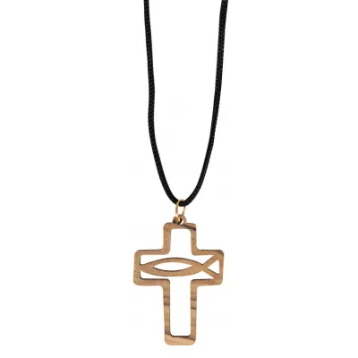 Collier croix avec ichthus en bois d'olivier