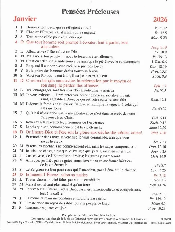 Calendrier - Pensées précieuses