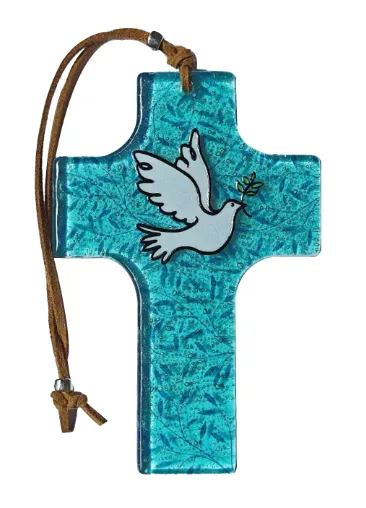 Croix verre - colombe bleue feuilles