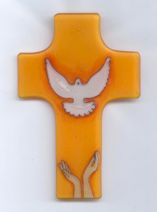 Croix verre - mains + colombe orange