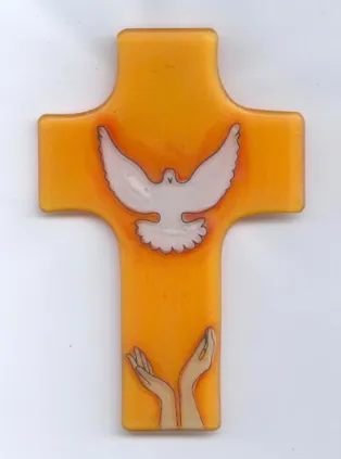 Croix verre - mains + colombe orange