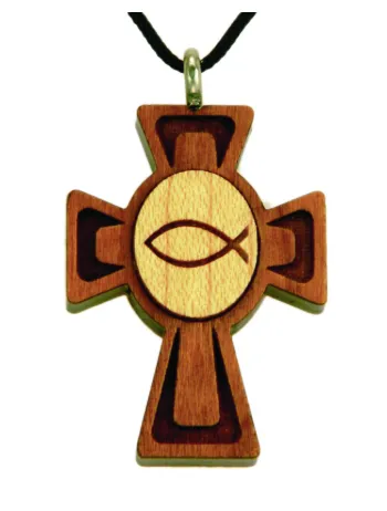 Collier croix + ichtus bois érable vernis