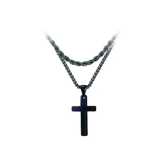 Collier croix titane noire chaîne double