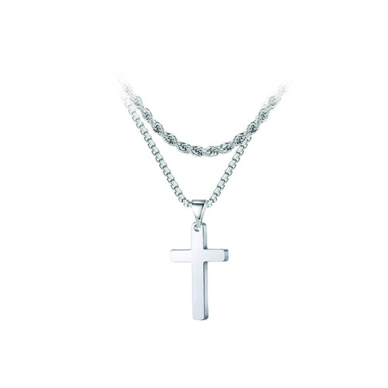 Collier croix titane argenté chaîne double