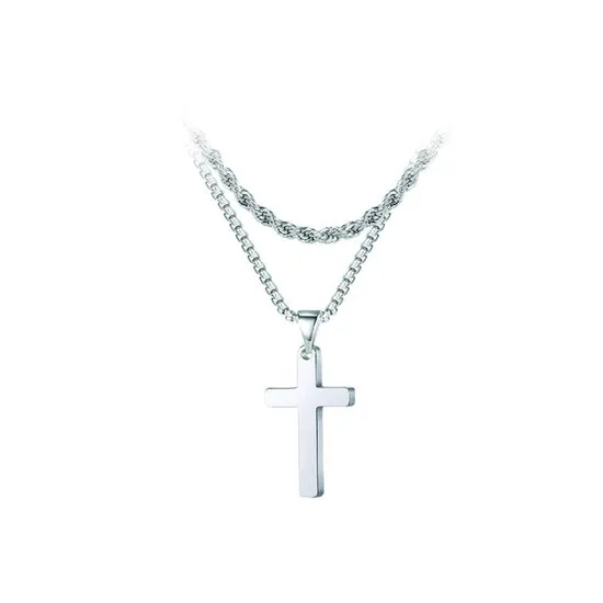 Collier croix titane argenté chaîne double