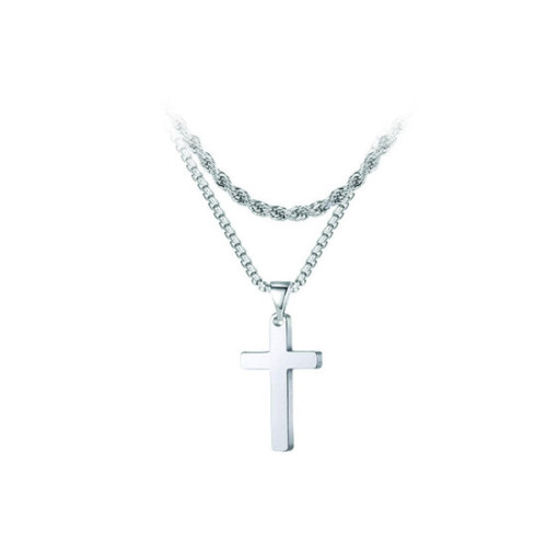 Collier croix titane argenté chaîne double