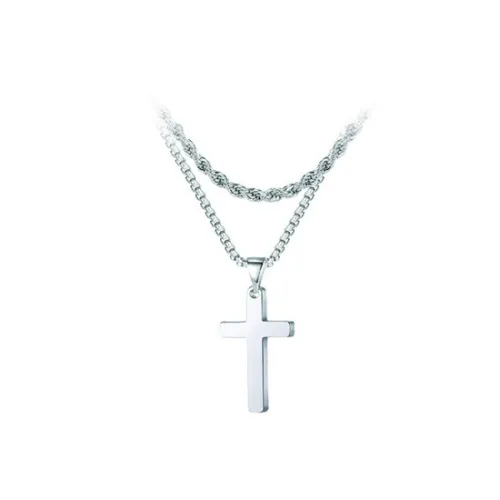 Collier croix titane argenté chaîne double