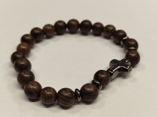 Bracelet perles bois brun + croix hematite