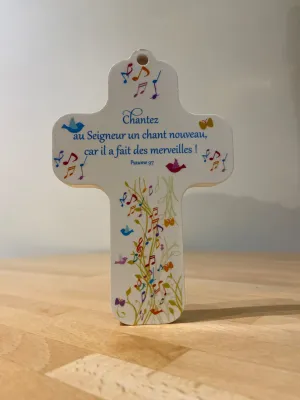 Croix en bois 13x9 cm Blanche "Chantez au Seigneur"