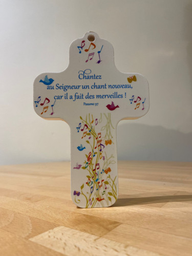 Croix en bois 13x9 cm Blanche "Chantez au Seigneur"
