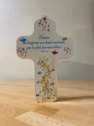 Croix en bois 13x9 cm Blanche "Chantez au Seigneur"