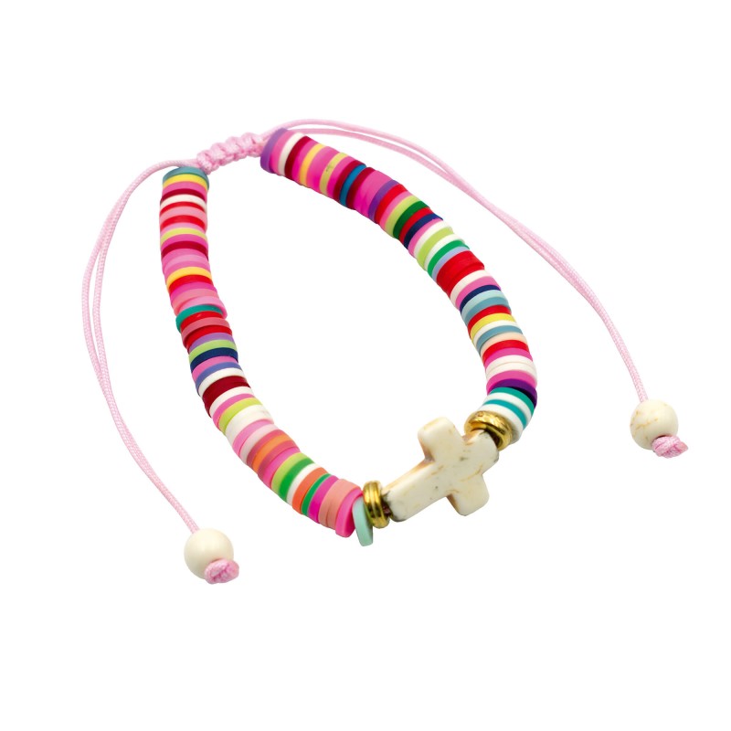 Bracelet à perles plates avec croix - rose