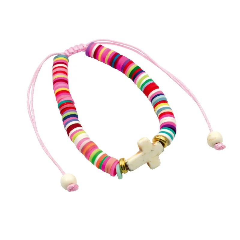 Bracelet à perles plates avec croix - rose