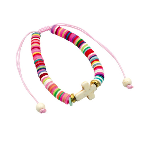 Bracelet à perles plates avec croix - rose