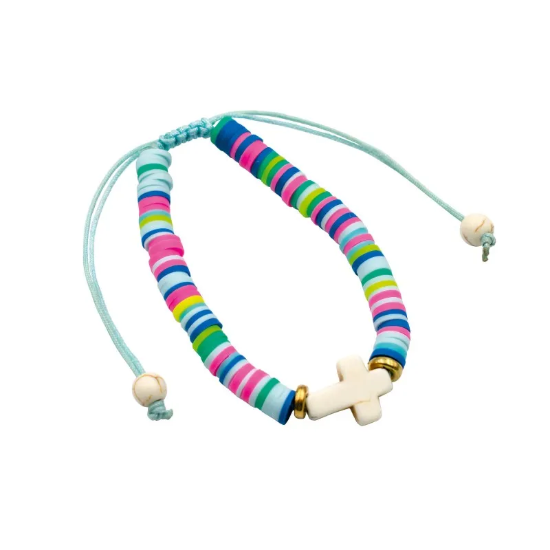 Bracelet à perles plates avec croix - bleu