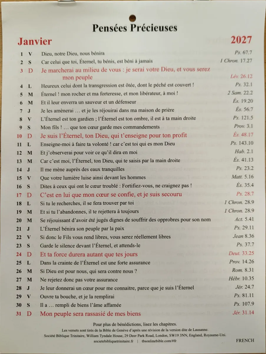 Calendrier - Pensées précieuses