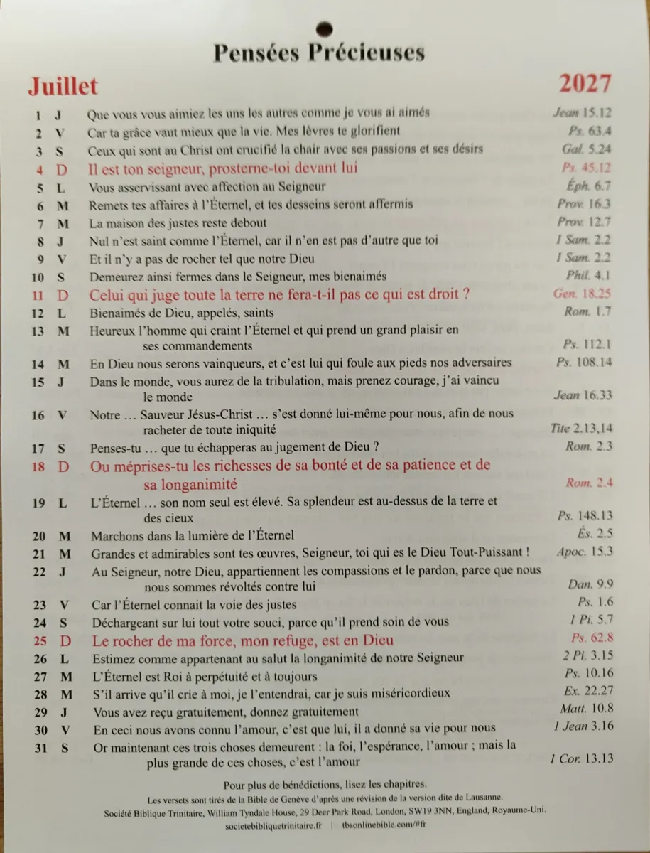 Calendrier - Pensées précieuses