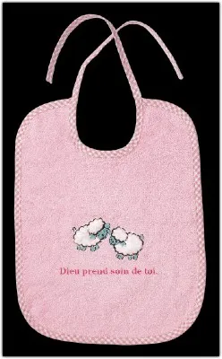 Bavoir éponge moutons brodés Dieu prend soin - rose