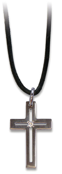 Collier fil cuir 90cm croix acier mat ziconium